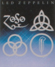 The 4 symbols each standing for a Led Zeppelin member. From left to right: (Top) Jimmy Page, John Paul Jones, (Bottom) John Bonham, Robert Plant.