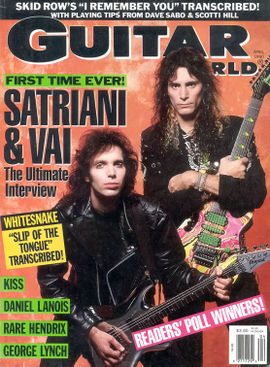 Vai (right) on the cover of the April 1990 issue of the Guitar World magazine with Joe Satriani.